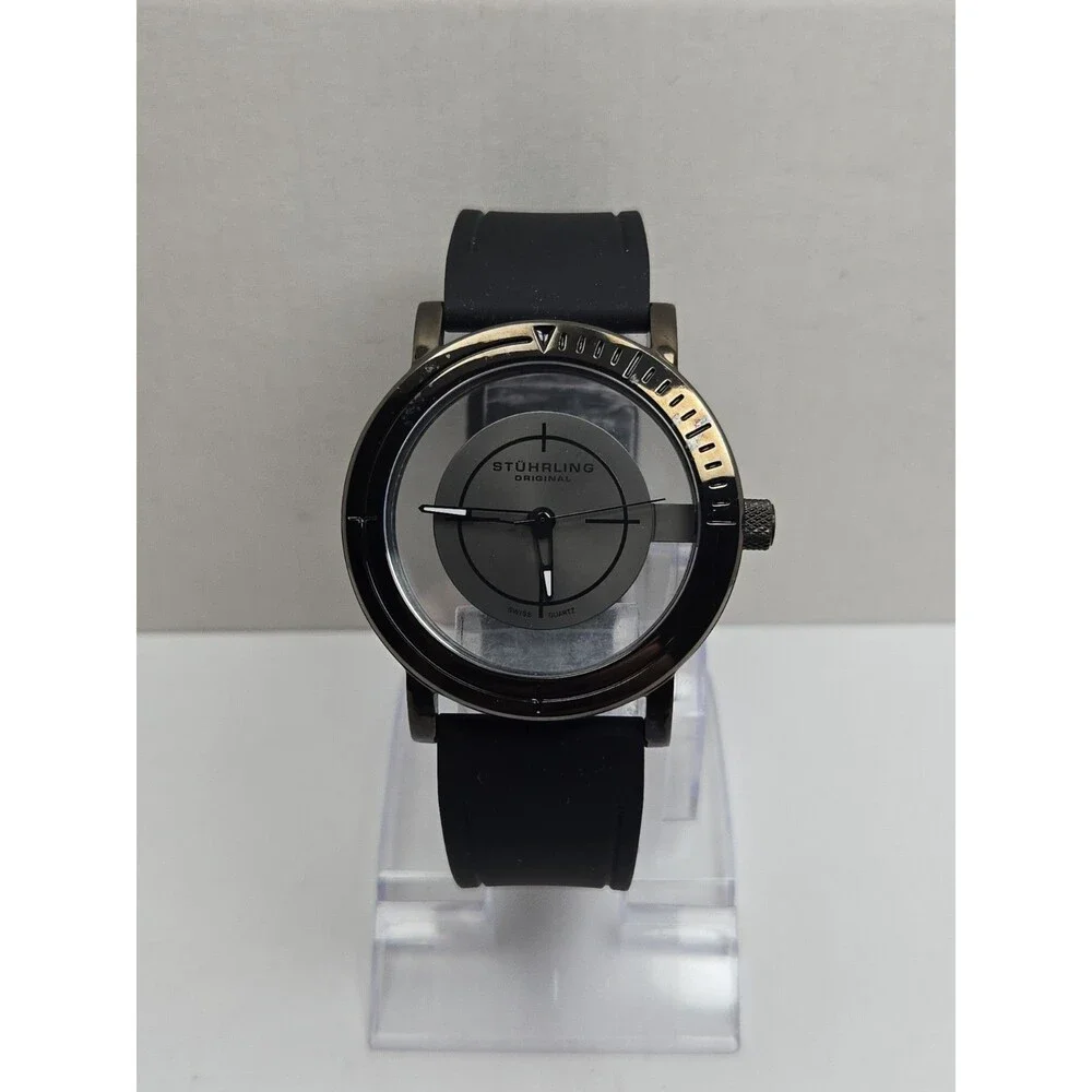 Stuhrling Original Aviator Mens Quartz Silver Dial Rubber Watch 42mm New Battery